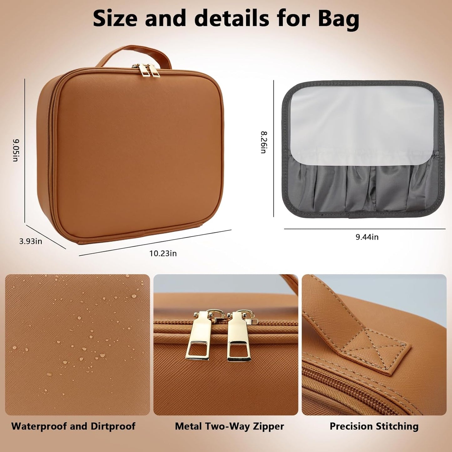 Travel Makeup Bag with LED Mirror Travel Makeup Organizer with 3 Lighted Settings, Adjustable Dividers and Makeup Brush Storage Bag Caramel