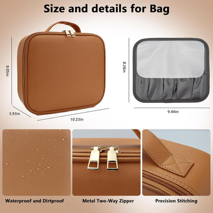 Travel Makeup Bag with LED Mirror Travel Makeup Organizer with 3 Lighted Settings, Adjustable Dividers and Makeup Brush Storage Bag Caramel