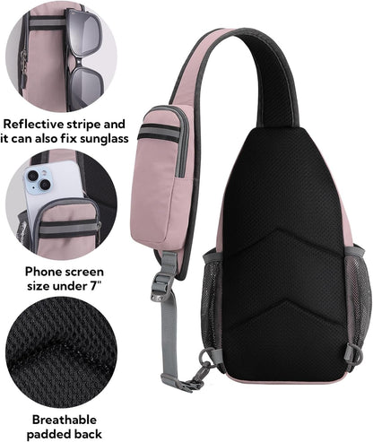 WATERFLY Crossbody Sling Backpack Sling Bag Travel Hiking Chest Bag Daypack (Pink)