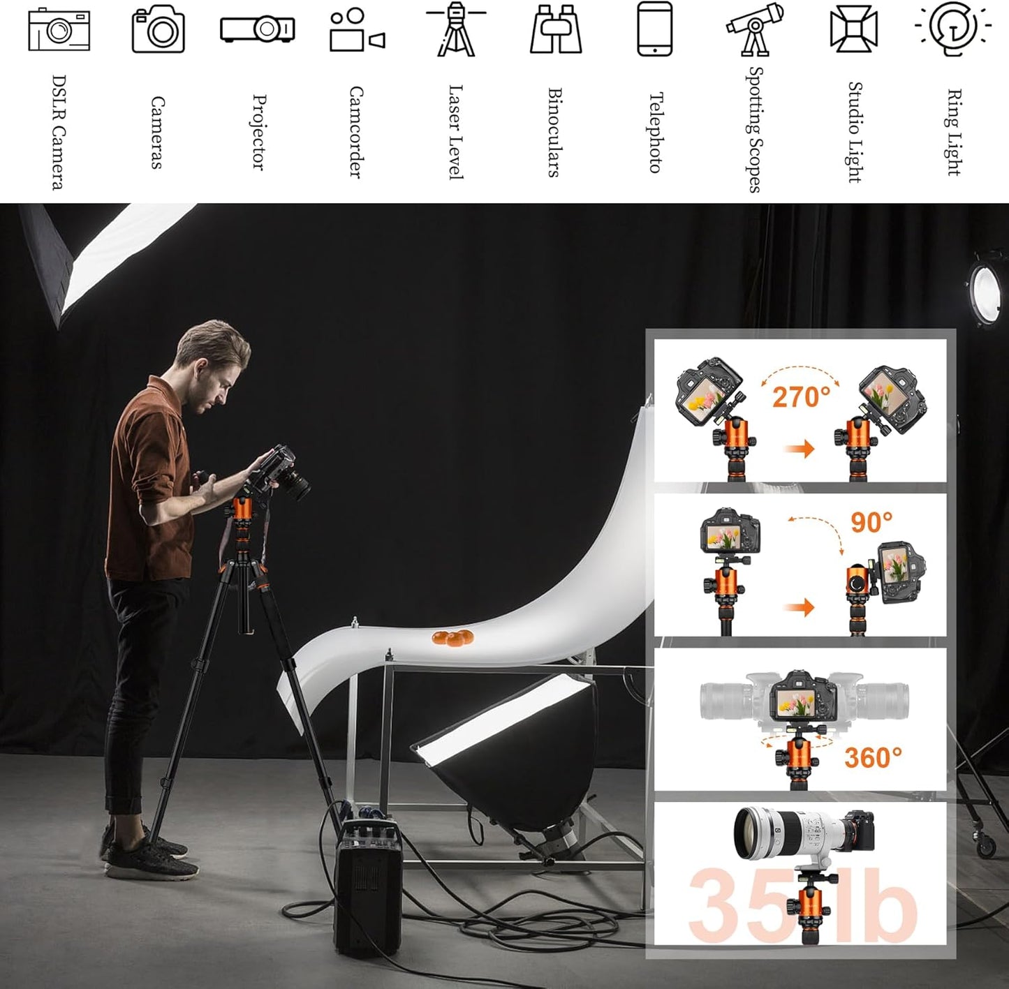 JOILCAN Tripod for Camera, 81" Aluminum Camera Tripod Stand, 83" DSLR Tripods & Monopods, Heavy Duty Travel Tripod for Binoculars Spotting Scope Telescope, Max Load 35lb