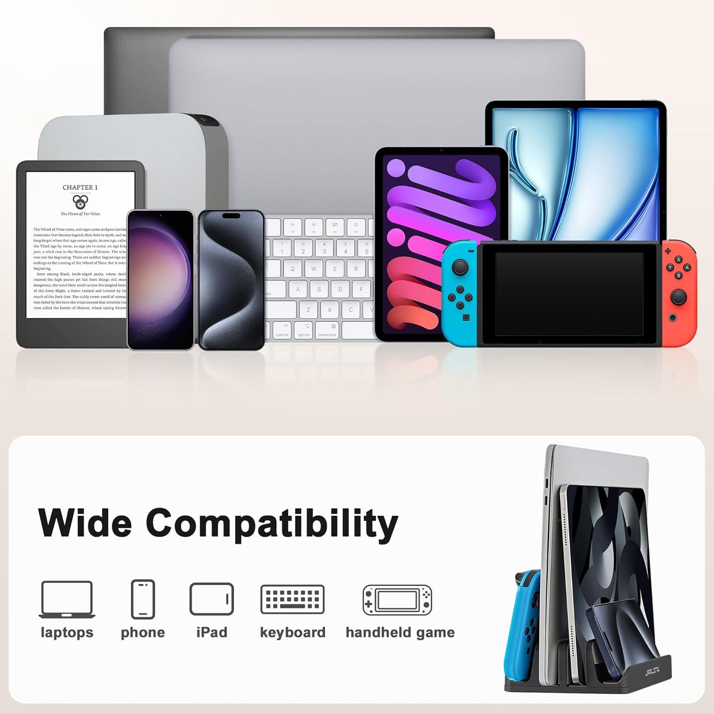 JARLINK 4-in-1 Adjustable Vertical Laptop Stand Holder, Aluminum Dual Slots Laptop Rack for Desk, Space-Saving Organizer Compatible with All MacBook, Surface, Chromebook, and Gaming Laptops (Black)