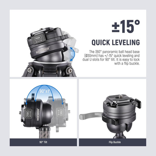 NEEWER LITETRIP LT32 Camera Travel Tripod, Carbon Fiber Portable Stand, Ball Head Detachable Center Axis Flip Buckle Cleaning Cloth Arca QR Plate Compatible with Peak Design Capture V3 (Former TP62)