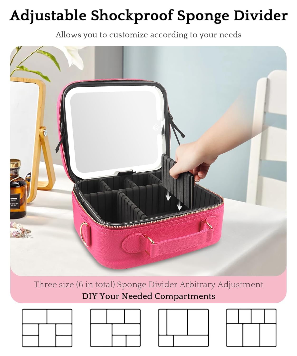 MOMIRA Travel Makeup Bag Cosmetic Bag with Lighted Mirror, Adjustable Brightness in 3 Color Scenarios/Detachable makeup mirror, All-round Upgrade, Waterproof, Gift for Women -Rose Red