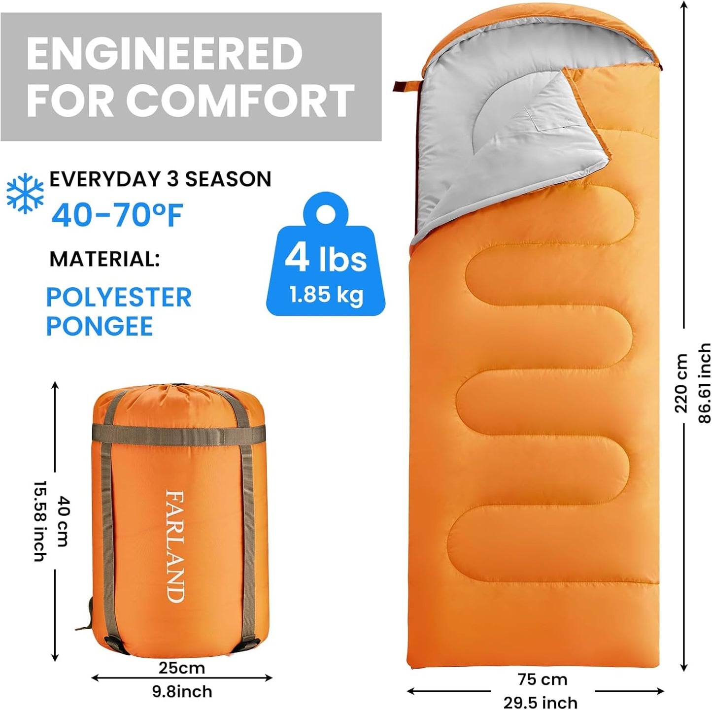 FARLAND Sleeping Bags 30℉ for Adults Teens Kids with Compression Sack Portable and Lightweight for 3-4 Season Camping, Hiking,Waterproof, Backpacking and Outdoors