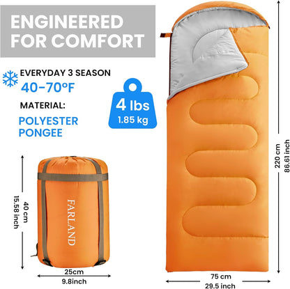 FARLAND Sleeping Bags 30℉ for Adults Teens Kids with Compression Sack Portable and Lightweight for 3-4 Season Camping, Hiking,Waterproof, Backpacking and Outdoors