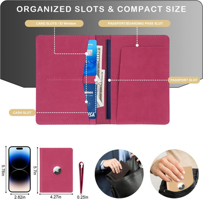Airtag Passport Holder for Women Men Travel, Real Leather Passport Wallet, Handmade Passport Cover Case with Airtag Slot, Travel Must Haves Essentials Accessories Birthday Gifts(Crazy Horse, Rose Red)