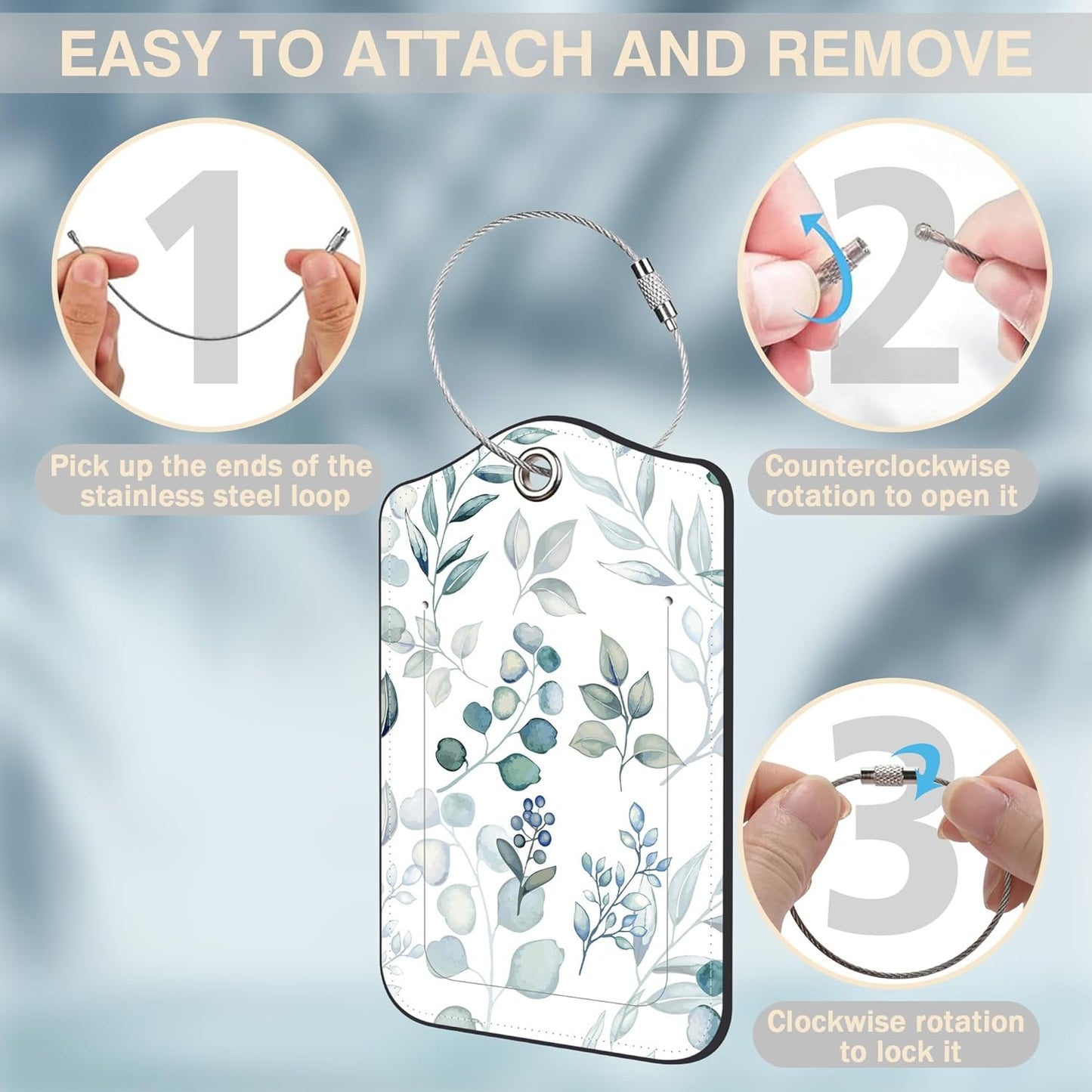 2 Pcs Green Eucalyptus Leaves Luggage Tags for Suitcases PU Leather Baggage Tags Name ID Label with Privacy Cover and Stainless Steel Loop for Men Women Travel Bag Suitcase