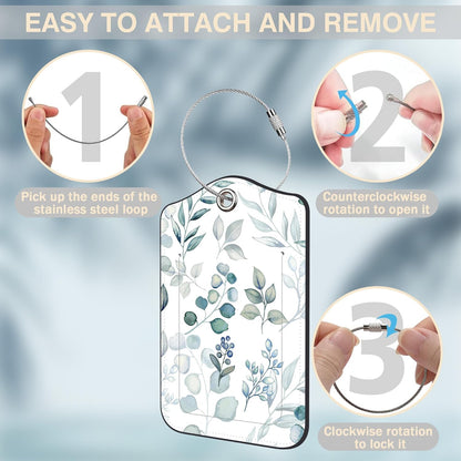 2 Pcs Green Eucalyptus Leaves Luggage Tags for Suitcases PU Leather Baggage Tags Name ID Label with Privacy Cover and Stainless Steel Loop for Men Women Travel Bag Suitcase