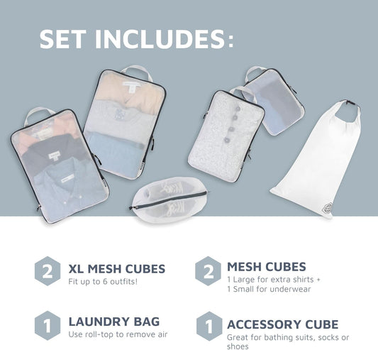 Large Packing Cube Set with See Through Mesh- Compression Packing Cubes Travel Organizers by TRIPPED Travel Gear (White)