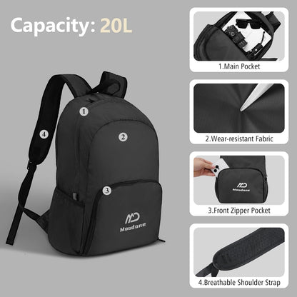 20L Ultra Lightweight Packable Backpack，Handy Foldable Waterproof Daypack for Travel, Collapsible Hiking Backpack Camping Outdoor Cycling Backpacking Women & Men, Black