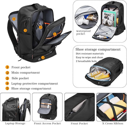 Somago Laptop Backpack Carry On Water Resistant Durable Daypack Backpack fits 16 inch Laptop Anti Theft Travel Rucksack Backpack with Shoe Compartment Luggage Strap for Men Women, 33L, Black