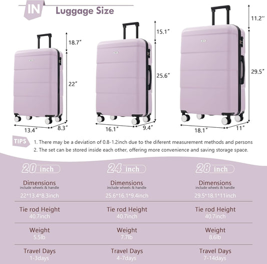 Merax Luggage Sets of 3 Piece Carry on Suitcase Airline Approved,Hardcase Suitcase Set with Double Spinner Wheels,Pink Purple