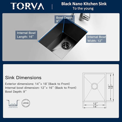 TORVA Bar Sink, TORVA 14 x 18 Inch Undermount Kitchen Sink, Gloss Black PVD - Image 3