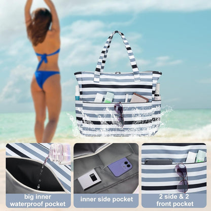 LEDAOU Beach Bag Waterproof Sandproof Women Tote Bag Pool Bag with Zipper for Gym Grocery Travel with Wet Pocket