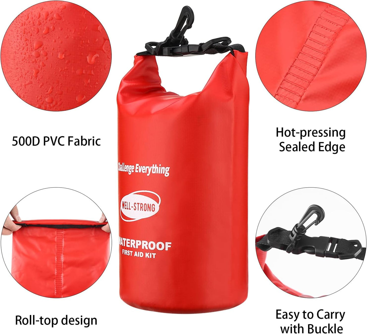 Emergency First Aid Kit for Boating & Marine Safety Waterproof Medical Supplies with Roll Top Design for Fishing, Kayaking Red