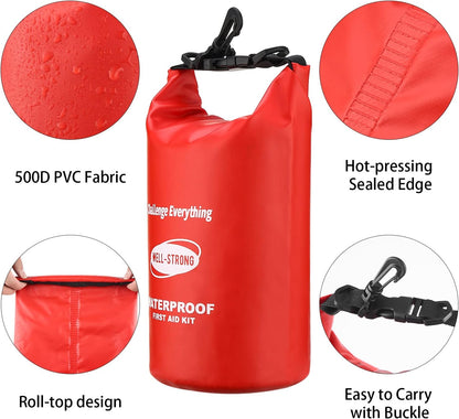 Emergency First Aid Kit for Boating & Marine Safety Waterproof Medical Supplies with Roll Top Design for Fishing, Kayaking Red