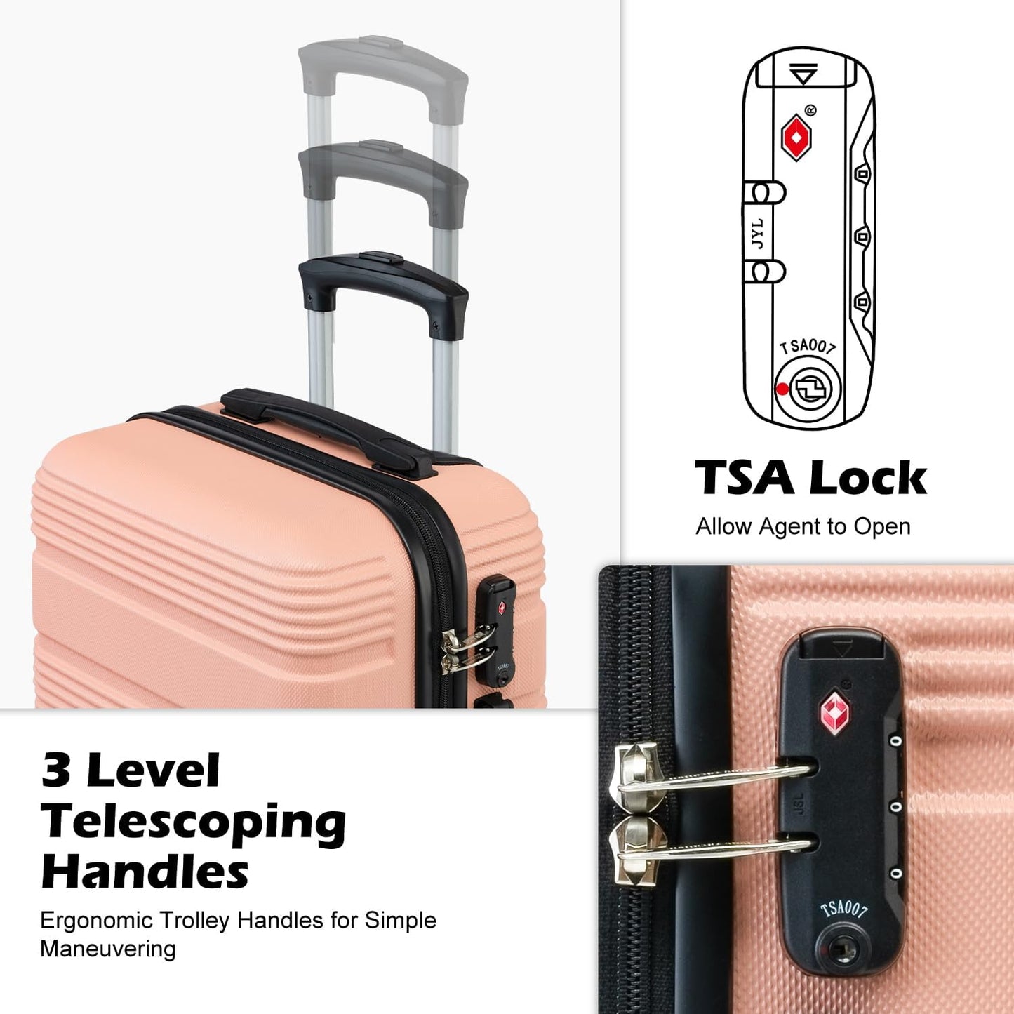LONG VACATION 3 Piece Carry On Luggage 20 Inch Suitcase with Spinner Wheels, ABS+PC Hardshell Suitcase set with TSA Lock & YKK Zipper