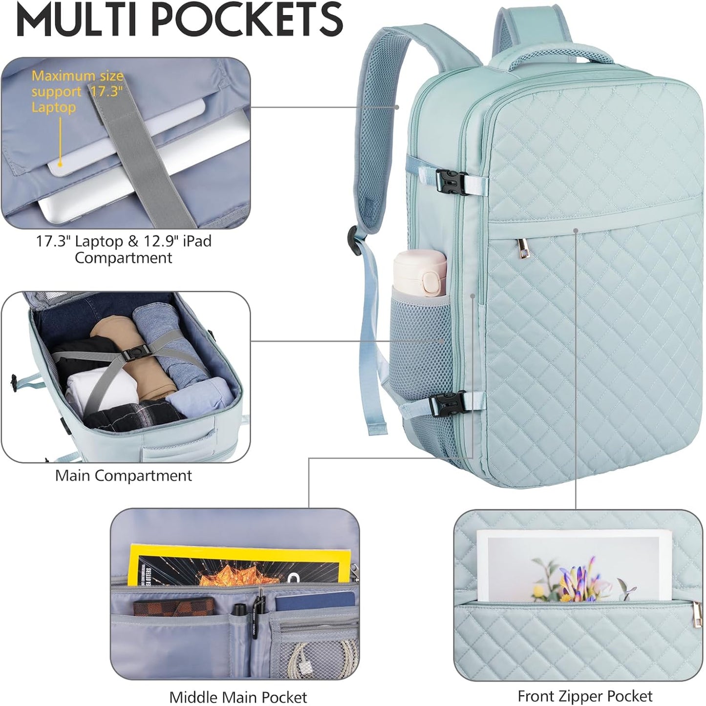 MOMUVO Large Travel Backpack Women, Flight Approved Carry On Backpack, Water Resistant Anti-Theft Large Casual Daypack Fit 17 Inch Laptop with USB Charging Port, Blue