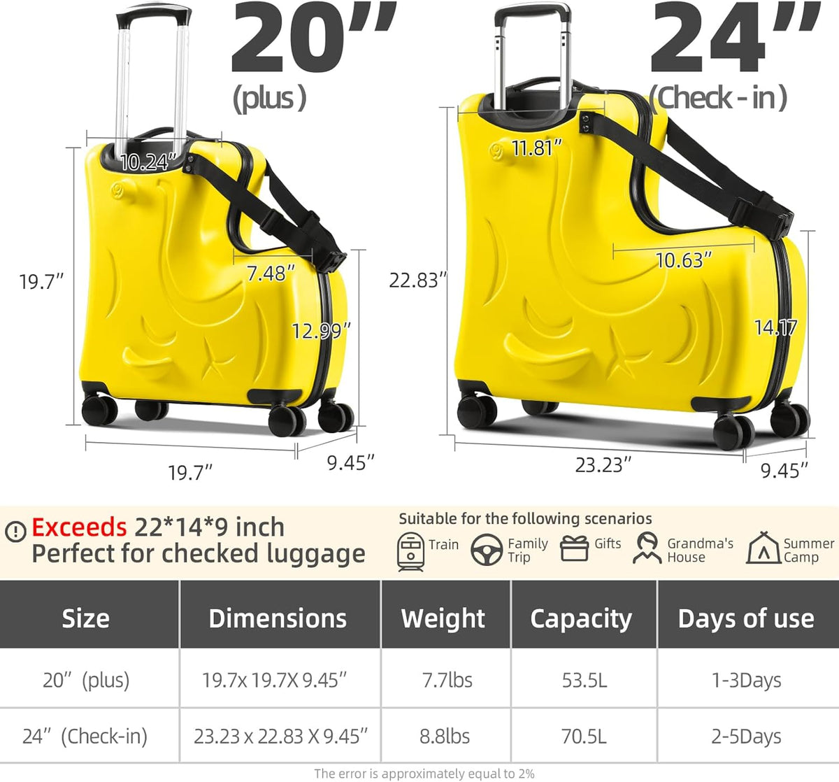 Hardside Ride on Kids Luggage with 4 Spinner Wheels for Girls and Boys, Rolling Childrens Travel Suitcase with Seat and Safety Belt for Toddler Ages 2-12 (Yellow, 25-Inch Checked)