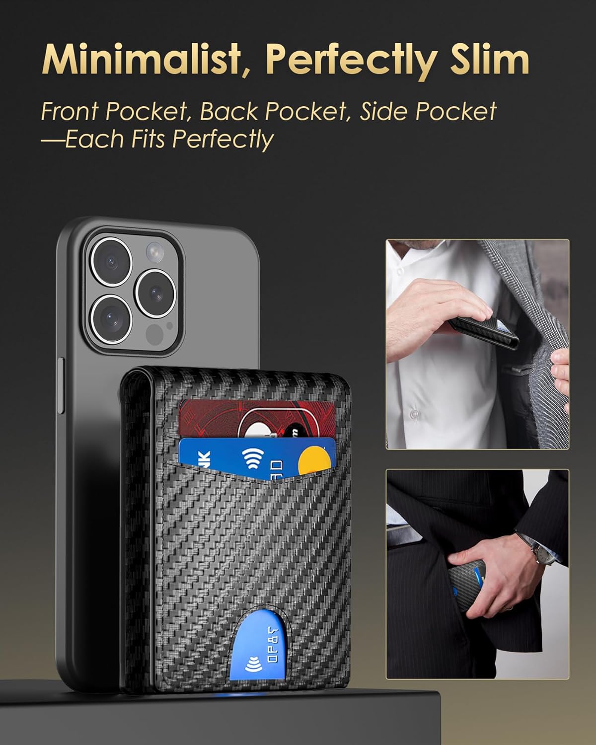 2025 Upgraded Minimalist Wallet for Men - RFID Blocking Credit Card Holder Case Leather Pop Up Aluminum Wallet with Cash Slot, Front Pocket ID Window Gift Boxed (Carbon Fiber - with Airtag Holder)