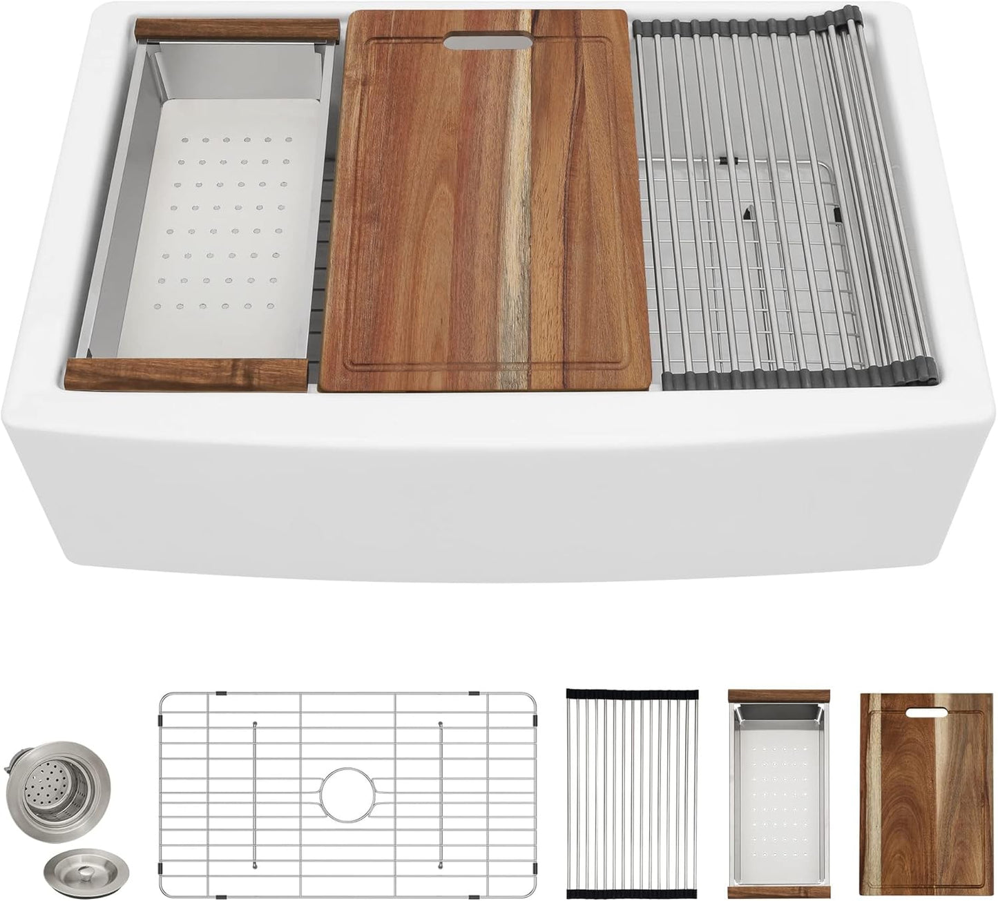 33 White Farm Sink Workstation - Fulorni 33"x21" Apron Front Farmhouse Sink Workstation with Slide Ledge White Ceramic Porcelain Fireclay Single Bowl Farmer Kitchen Sink Basin