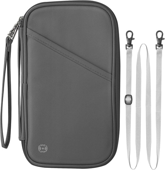 RFID Travel Passport Holder - Family Passport Wallet Holder, Lightweight Portable Travel Document Organizer Passport Card Cover with Zipper Pocket, Grey