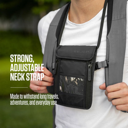 VENTURE 4TH Passport Holder Neck Wallet with RFID Blocking Nylon Lining - Hidden Neck Pouch for Travel (Sleek Black)
