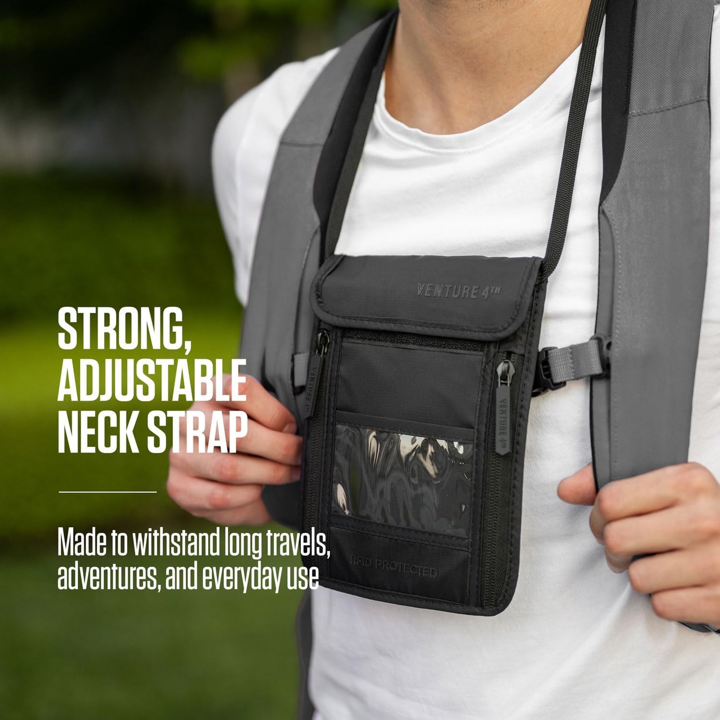 VENTURE 4TH Passport Holder Neck Wallet with RFID Blocking Nylon Lining - Hidden Neck Pouch for Travel (Sleek Gray)