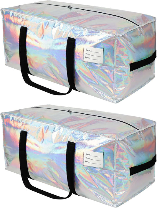 2 Pack Heavy Duty Moving Bags Extra Large Waterproof Foldable Clothing Storage Totes Bags with Zipper, Reinforced Handles, Packing Moving Boxes for Dorm & Seasonal Storage, Iridescent