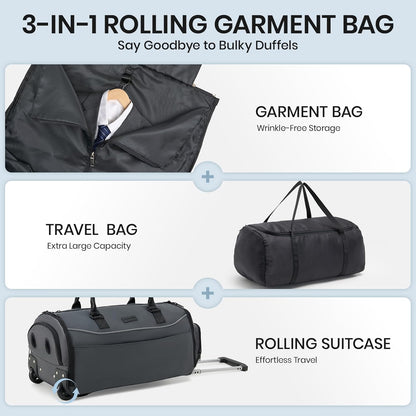 Fanwoli 3-in-1 Rolling Garment Bag for Travel, Wheeled Carry-On Luggage with Shoe Storage & Detachable Organizer, Wrinkle-Free Compartment for Suits/Dresses/Wedding Gowns, Fits Most Airline Size