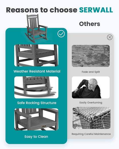 SERWALL Outdoor Rocking Chair, HDPE Patio Rocking Chair All-Weather Porch Rocker for Balcony, Yard, Gray