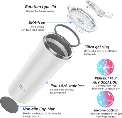 THILY Vacuum Insulated Tumbler Stainless Steel 26 oz Coffee Cup with 2 Lids and Straws, Powder Coated Travel Mug, Keeps Ice Drinks Cold, White