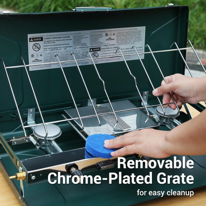 Camping Stove, 3 Burners Propane Portable Camp Stove with Regulator, Push-Button Instant Ignition, Adjustable Burners & Wind Guards for Car BBQ Picnics Outdoor Cooking (GREEN-20400 BTUs)