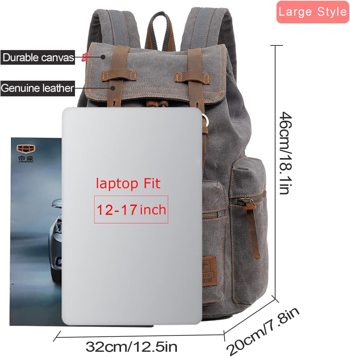 AUGUR High Capacity Canvas Vintage Backpack - for School College Hiking Travel 12-17" Laptop