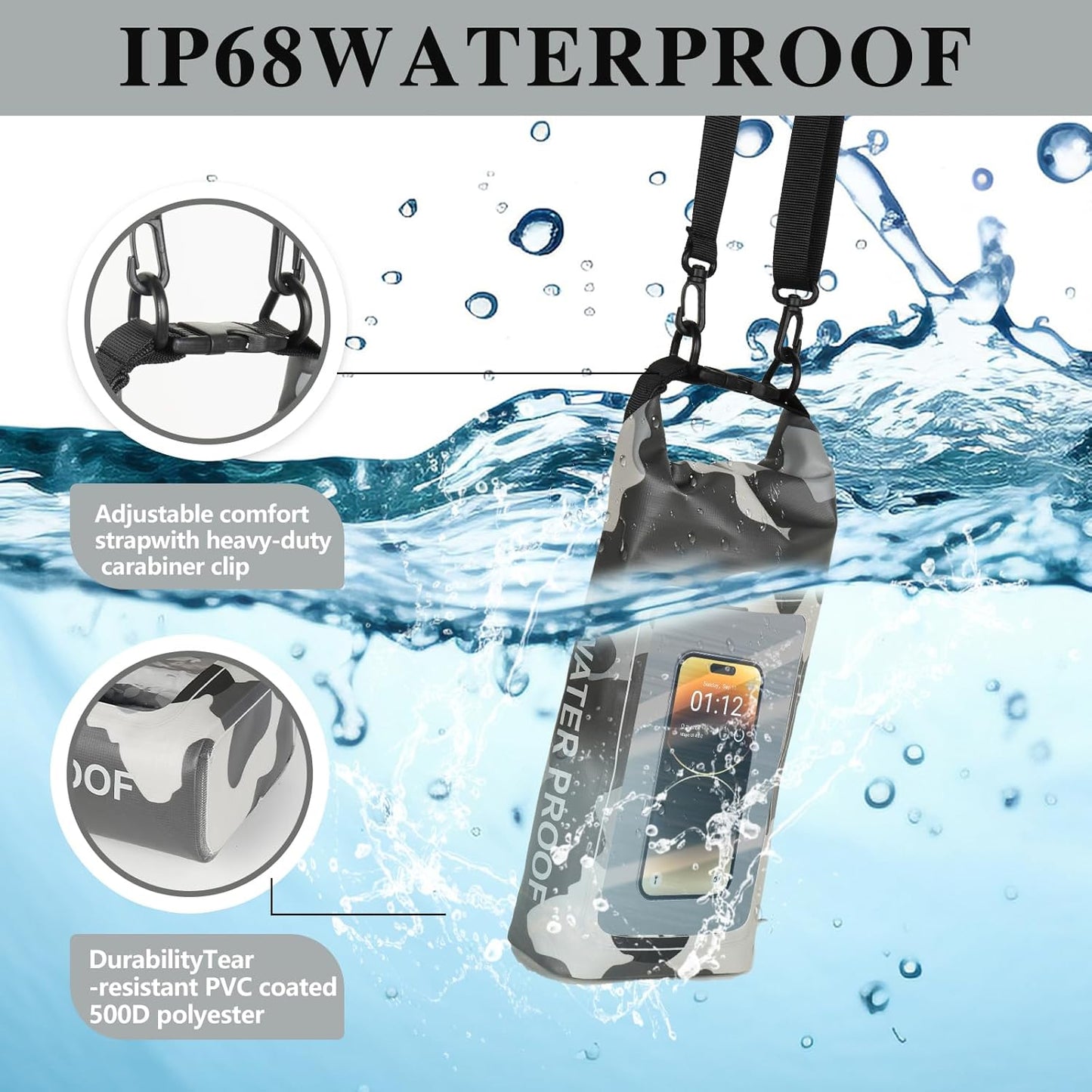 IP68 Waterproof Dry Bag, 2L - Roll Top Waterproof Pool Bag，Dry Bags for Kayaking Waterproof-w/Phone Pouch,Large Waterproof Phone Pouch,Boating & Kayak Accessories Camping (Gray 2L)