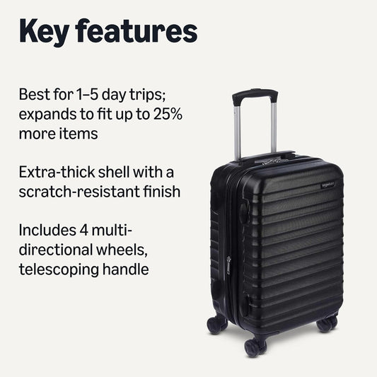 Amazon Basics 21" Hardside Carry-On Luggage, Hardshell Suitcase With Wheels, Expandable For Up to 25% More Space, With Scratch-Resistant Surface, Four Multi-directional Wheels, Black