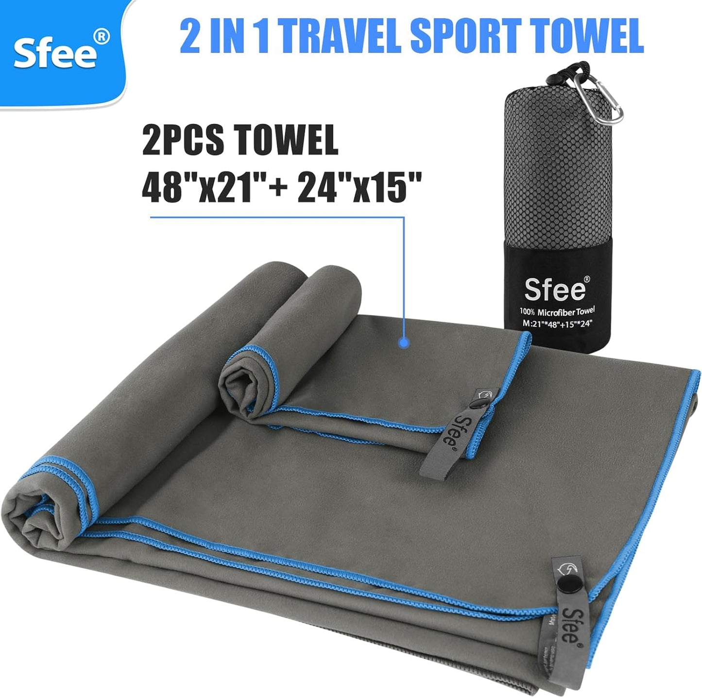 Sfee 2 Pack Microfiber Travel Towel, Quick Dry Towel Camping Towel Super Absorbent Compact Lightweight Sports Towel Swim Gym Towels Beach Towel Set for Gym, Hiking, Pool, Backpacking, Bath, Yoga