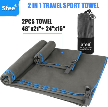 Sfee 2 Pack Microfiber Travel Towel, Quick Dry Towel Camping Towel Super Absorbent Compact Lightweight Sports Towel Swim Gym Towels Beach Towel Set for Gym, Hiking, Pool, Backpacking, Bath, Yoga