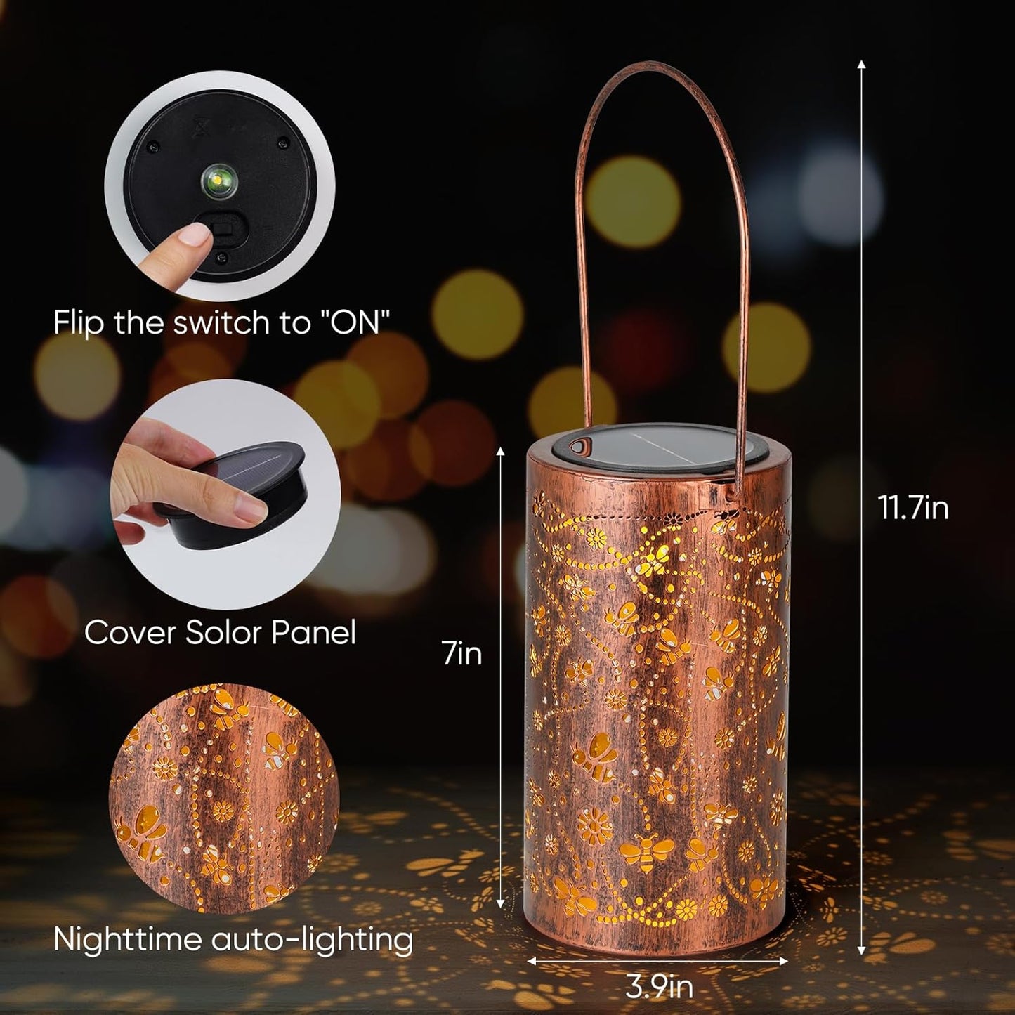 Homemory Bee Solar Lanterns Lights Outdoor Waterproof, Hollowed-Out Metal Decor Lantern, Gifts for Women, LED Solar Lights Metal Decoration Outside for Yard, Patio, Backyard, Porch, Lawn