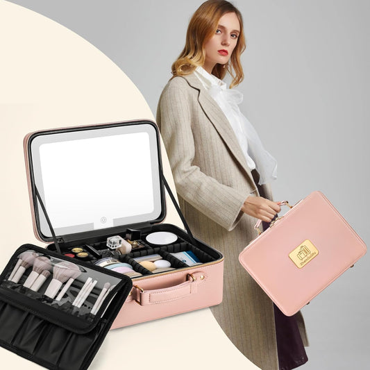 Makeup Bag with LED Mirror & Magnifier, Large Cosmetic Organizer Travel Makeup Case with Adjustable Brightness & 6 Detachable Dividers, Portable Makeup Storage for Women Girls (Pink)