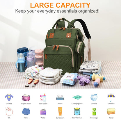Diaper Bag with Changing Station, Waterproof 3 in 1 Baby Diaper Backpack with Foldable Changing Pad, Large Travel Back Pack for Girl Boy, Green
