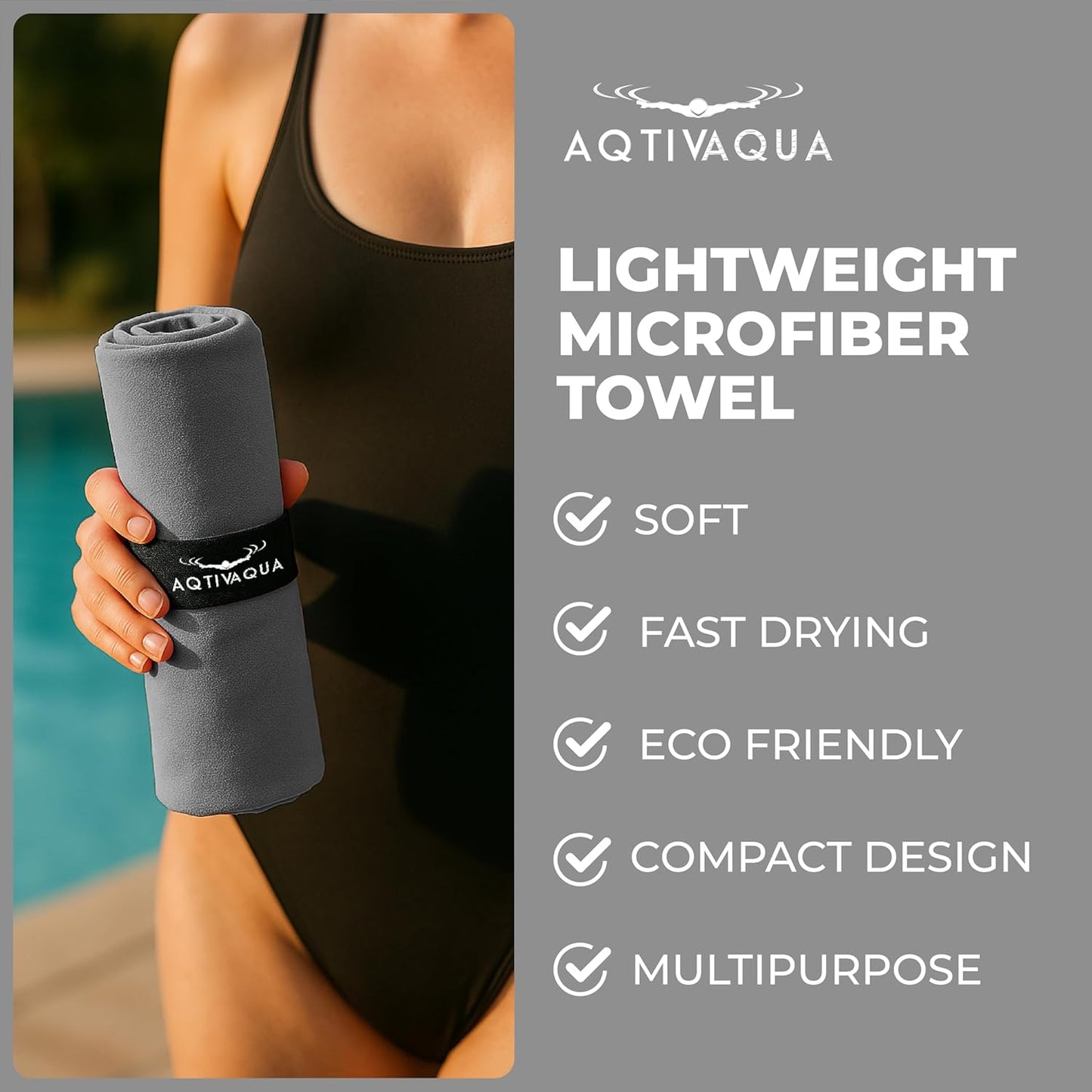 AqtivAqua Quick Dry Towel - Lightweight Microfiber Travel Towel w/Bag - Fast Drying Towel Set for Camping, Beach, Pool, Gym, Backpacking, Sports, Yoga & Swim Use, Hiking (Gray, M:24"x40")