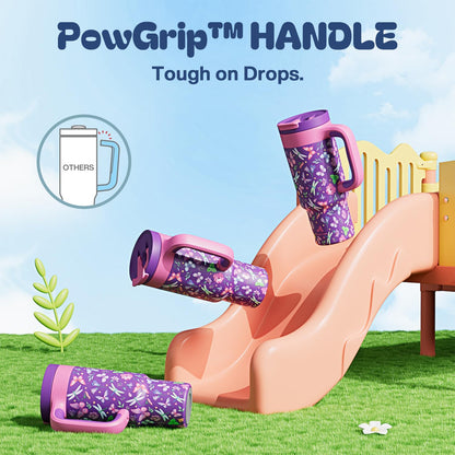 24 oz Insulated Tumbler for Kids: Spill-Proof, 2-in-1 Straw Lid, Cold for 26 Hrs, Stainless Steel Cup with Handle for School, Camping, Gift, Daily, Outdoor, Trip, Travel, Vacation (Butterfly Field)