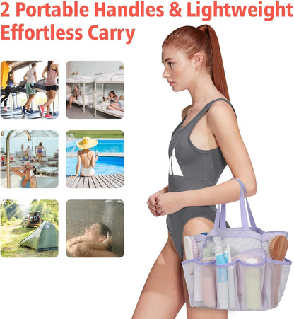 F-color Mesh Shower Caddy Portable, Upgrade Deeper 7 Pockets Shower Bag Basket Tote for College Dorm Room Toiletry Bathroom Essentials Gym Camp Quick Dry 2 handles with S Hook, Purple