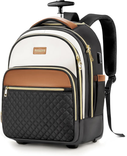 Small Rolling Backpack for Women, Lightweight Travel Backpack with Wheels, Roller Backpacks for Adults, Water Resistant Rolling Laptop Bag, Wheeled Underseat Carry On Luggage, Beige Brown