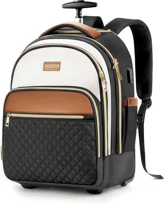 Small Rolling Backpack for Women, Lightweight Travel Backpack with Wheels, Roller Backpacks for Adults, Water Resistant Rolling Laptop Bag, Wheeled Underseat Carry On Luggage, Beige Brown