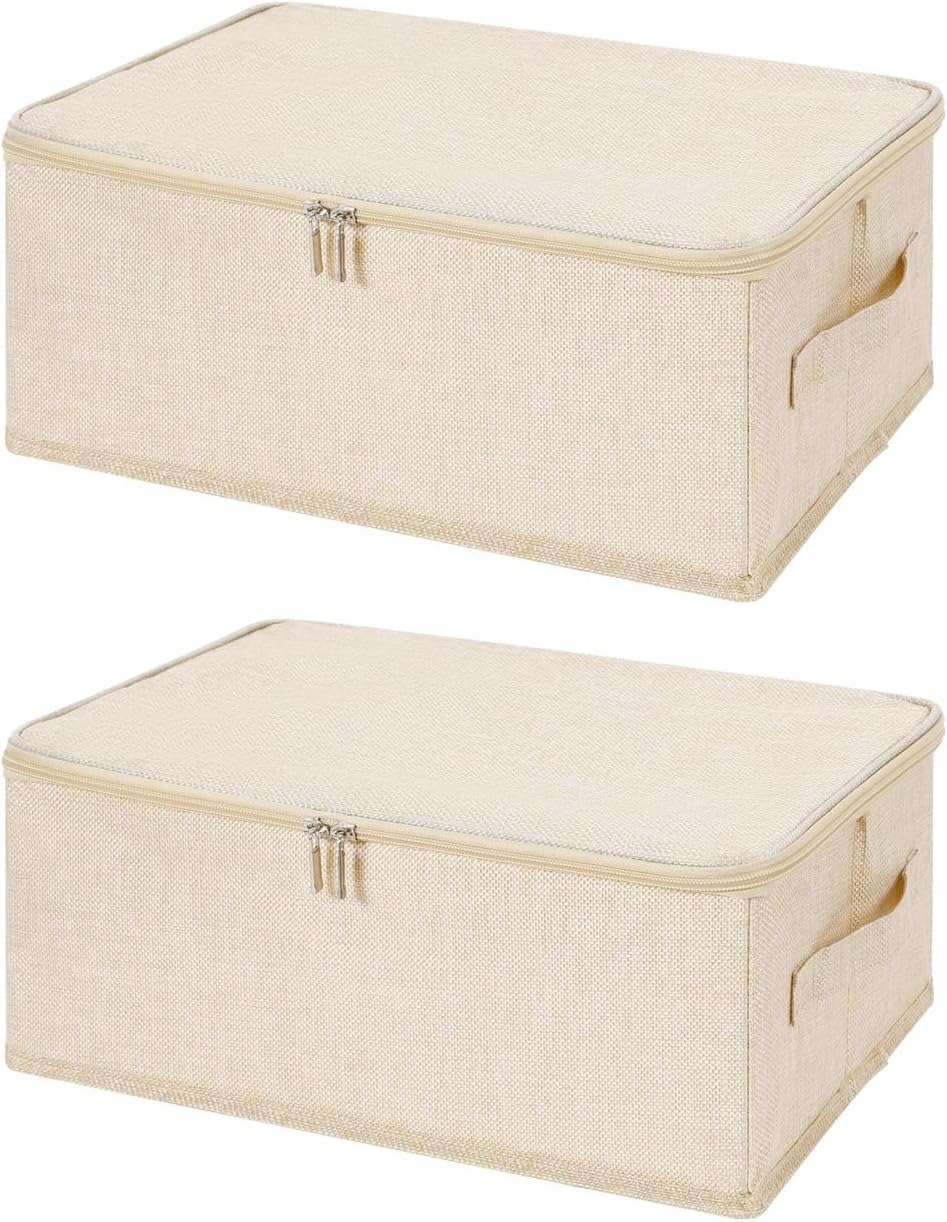 ANMINY 2PCS Storage Bins with Zipper Lids 13 Qt Lidded Fabric Storage Boxes Baskets Cubes with Handles Collapsible Washable Cotton Linen Closet Shelf Clothes Organizer Containers - Beige, Small