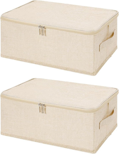 ANMINY 2PCS Storage Bins with Zipper Lids 13 Qt Lidded Fabric Storage Boxes Baskets Cubes with Handles Collapsible Washable Cotton Linen Closet Shelf Clothes Organizer Containers - Beige, Small