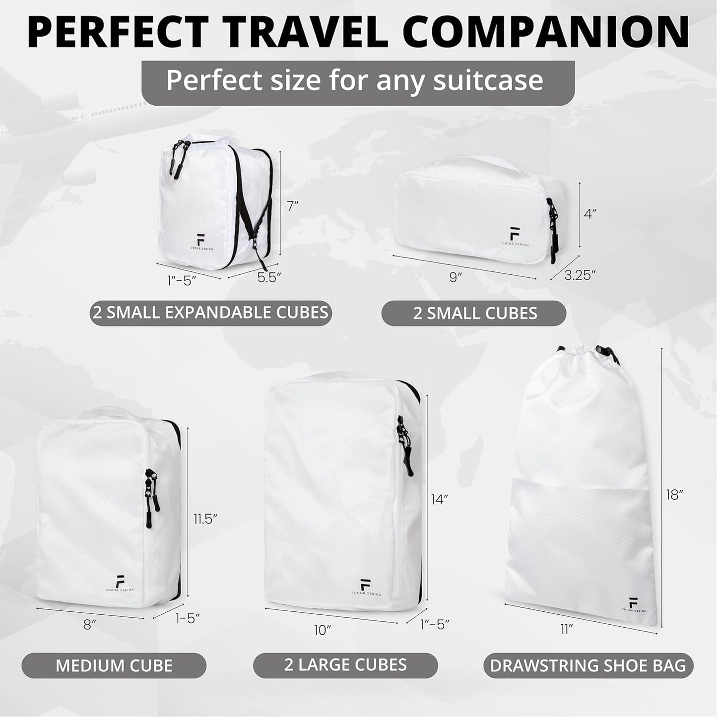 8 Piece Compression Packing Cubes Set - Double Capacity Design for Travel - Small, Medium & Large Sizes - Carry-On Suitcase Organizer Bags (White)