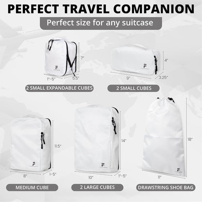 8 Piece Compression Packing Cubes Set - Double Capacity Design for Travel - Small, Medium & Large Sizes - Carry-On Suitcase Organizer Bags (White)